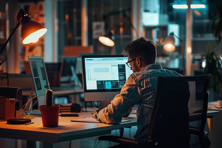 © BB_Stock - stock.adobe.com Foto: Mann sitzt an seinem Arbeitsplatz mit zwei Bildschirmen